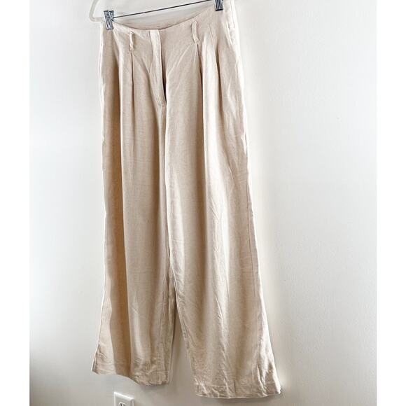 H&M High Rise Pleated Front Linen Wide Leg Ankle Pants Cream 8 - Picture 4 of 11